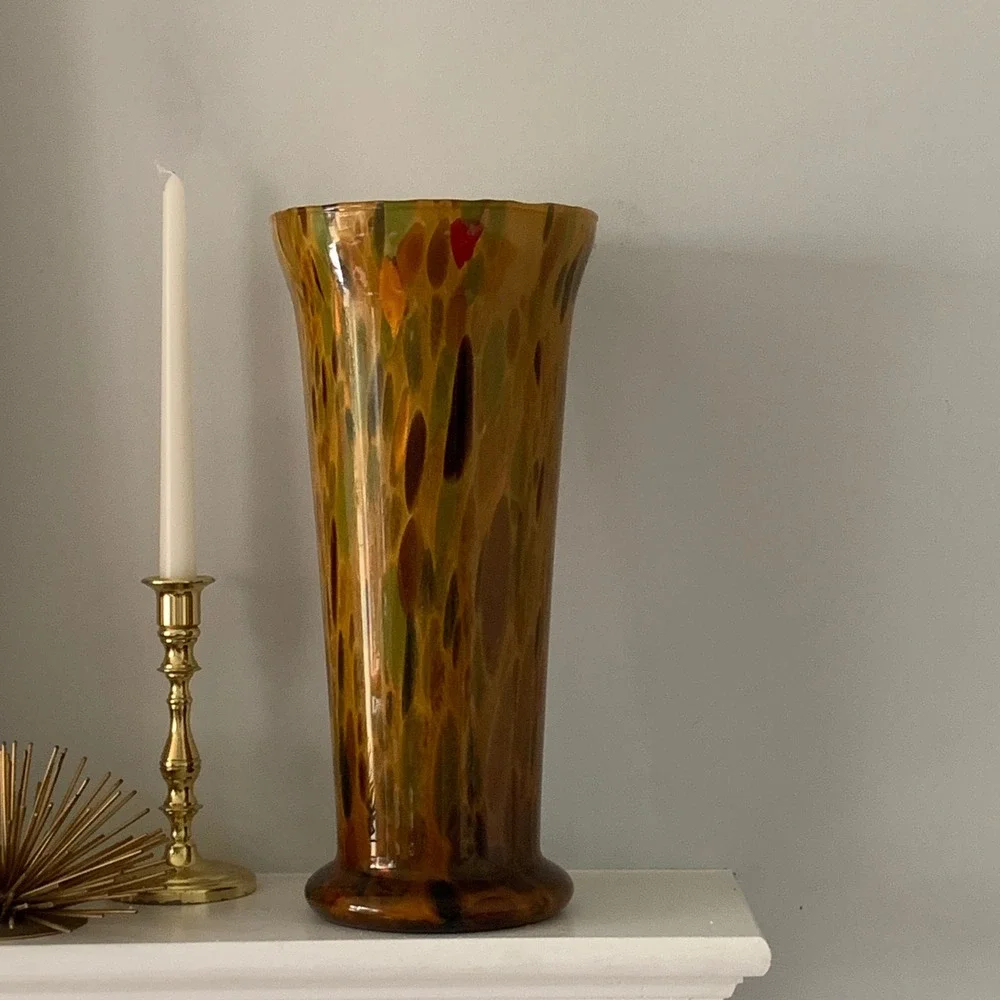 Maestri Vetrai Italian Art Glass Vase Tortoise Confetti Amber Murano Style 14.5